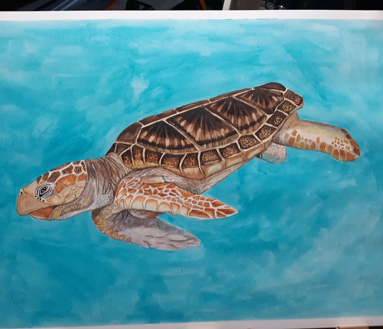 watercolor painting of a turtle doing a deep dive under water