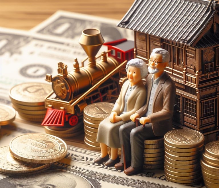 Symbolic image of a secure retirement with elderly couple enjoying financial stability.