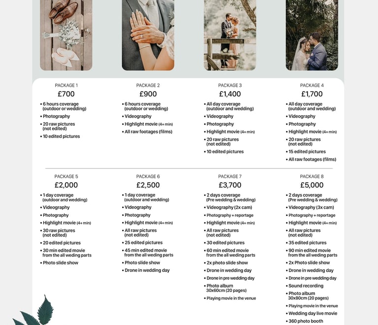 Fred Art Studio pricing charts for weddings