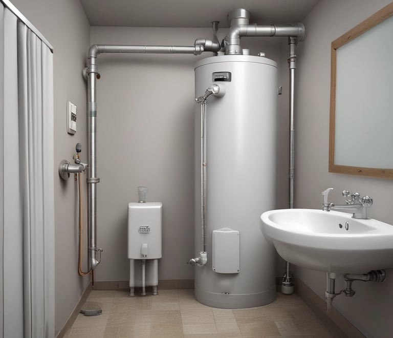 Modern residential water heater and plumbing system in bathroom representing dependable plumbing sol
