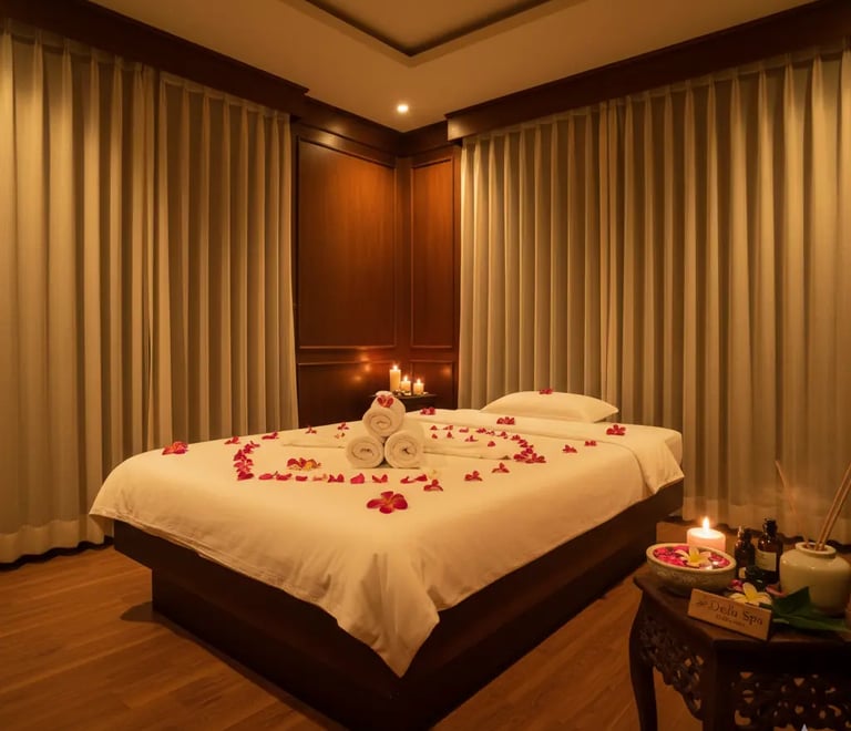 Relaxing spa room at Della Spa Kalyan West with candles, rose petals, with full body massage setup