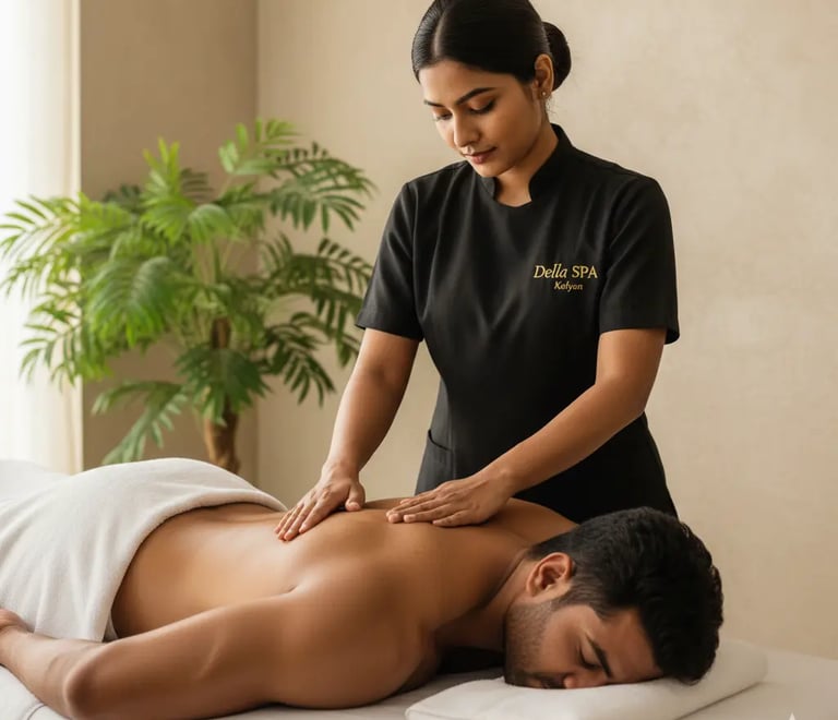 Luxury spa room at Della Spa Kalyan with calming lights & full body massage bed. best spa in Kalyan