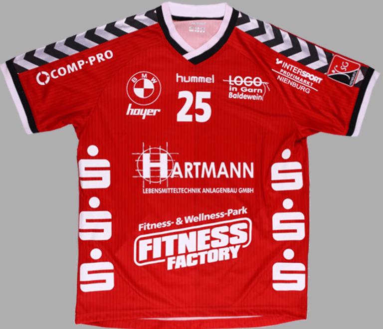 a red and white soccer jersey with a black and white stripe