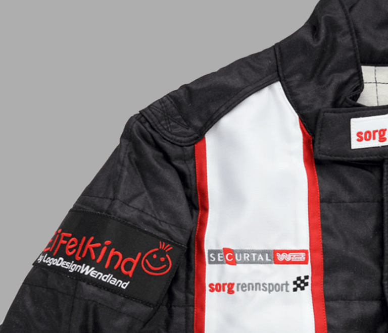 a racing jacket with a red and white stripe