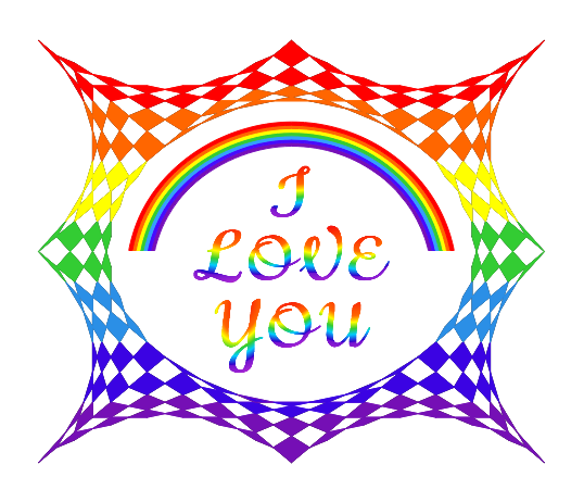I love you message in rainbow script with a geometric checkered border and rainbow arch.