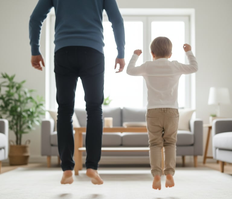 Parent and child jumping and counting numbers indoors