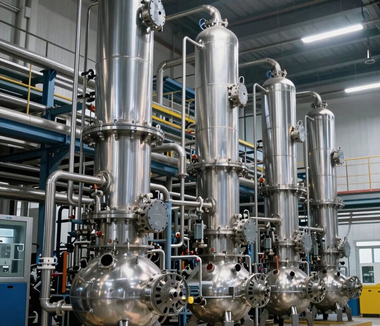 Clean modern chemical processing plant interior, stainless steel piping, overhead explosion-proof linear lights, bright factory floor illumination