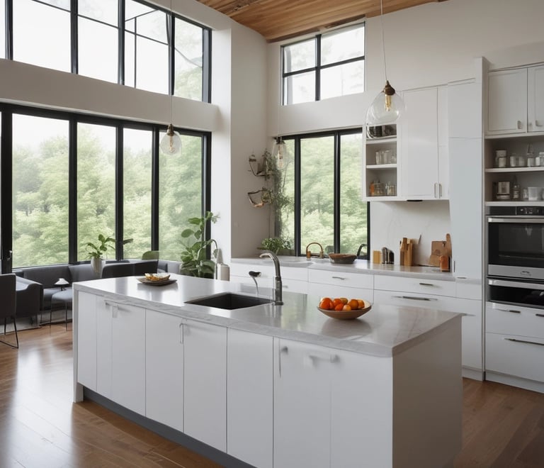 a kitchen with a large window and a bowl of fruit
