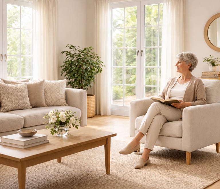 Calm, organized living room with a senior seated comfortably, reflecting a peaceful and well-support