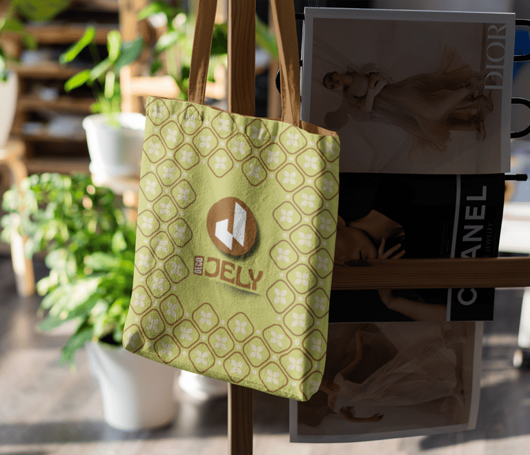 Tote bag personnalisé d'une marque de décorateur d'intérieur avec un logo  suspendu dans un studio
