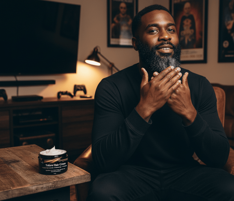 man rubbing cream on beard 