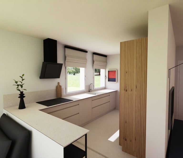 Vue 3D cuisine rénovée bois beige japandi