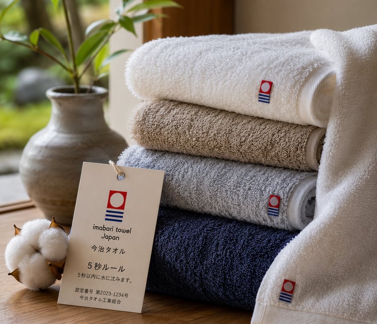 Stack of premium Imabari cotton towels in neutral colors on a wooden table with a product tag.