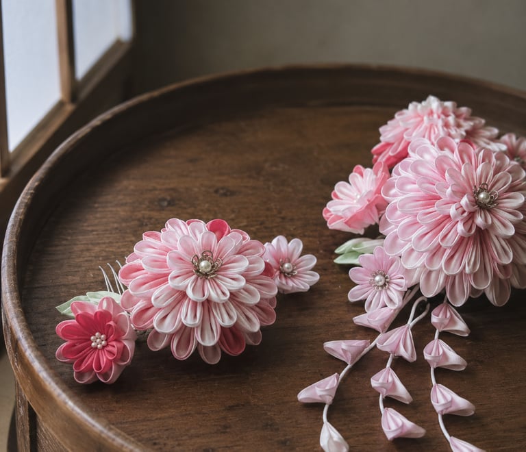 Handmade pink tsumami zaiku flower hair pins for kimono on a round wooden tray.