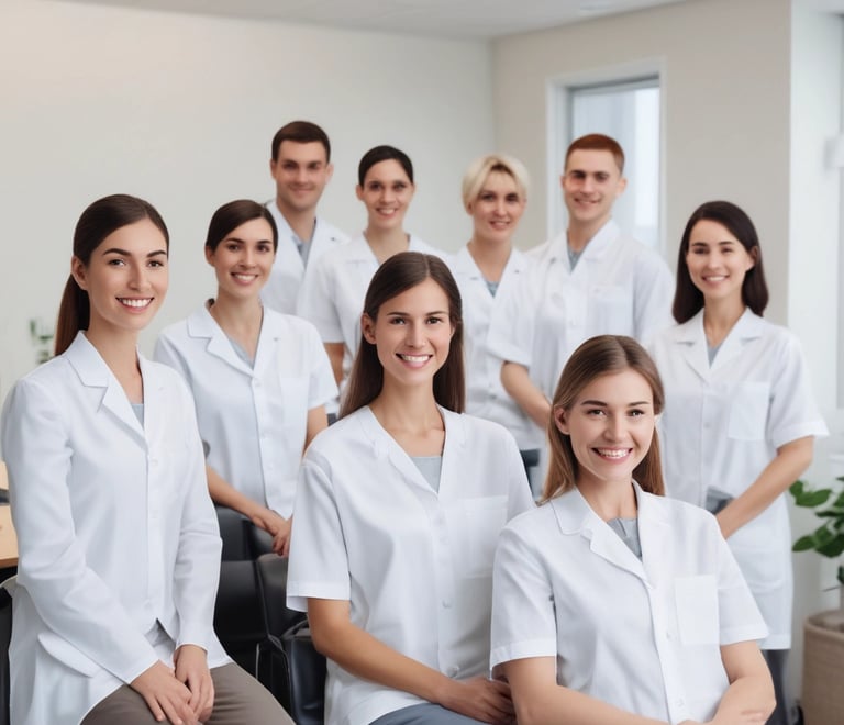 A group of smiling professionals in a modern clinic setting.
