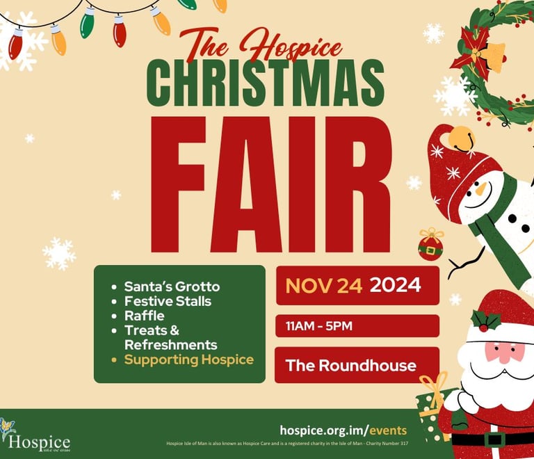 An advert for the Hospice Christmas Fair 2024 showing a snowman and Santa.