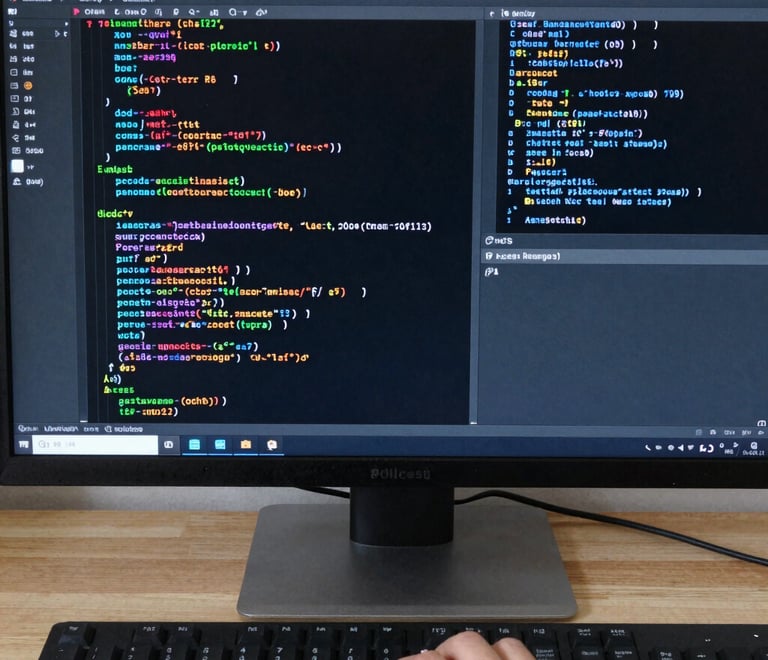 Photorealistic image of a software development team collaborating over data interfaces, no text, no logos, no faces, corporate tech style, 4k.