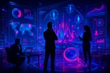 Analysts viewing a futuristic data dashboard with global maps, digital charts, and smart city analytics.