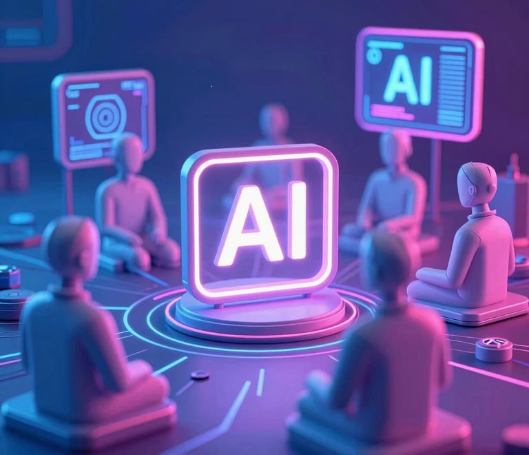 A glowing neon AI sign surrounded by digital human figures in a futuristic technology concept.