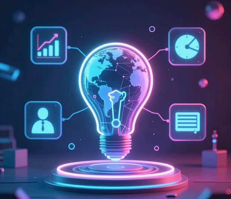 Glowing neon light bulb with a digital world map inside, representing global innovation and business data analytics.