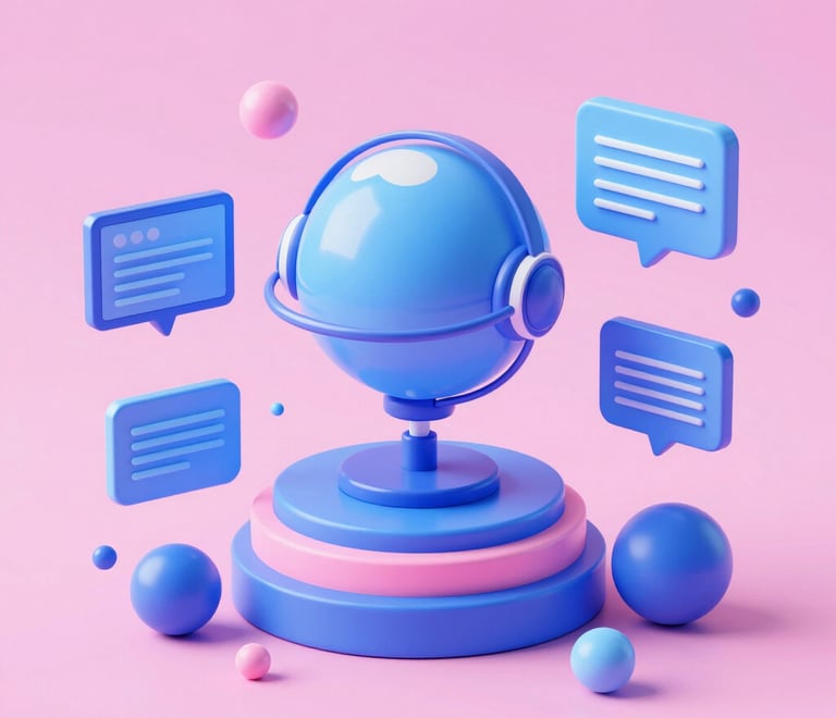 3D illustration of a blue globe with a headset and chat bubbles representing global customer support.