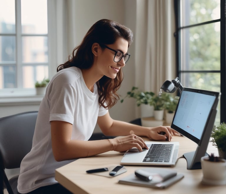 Close-up of hands typing on a laptop keyboard with a clean desk and subtle Paradigm Affiliate Marketing branding.