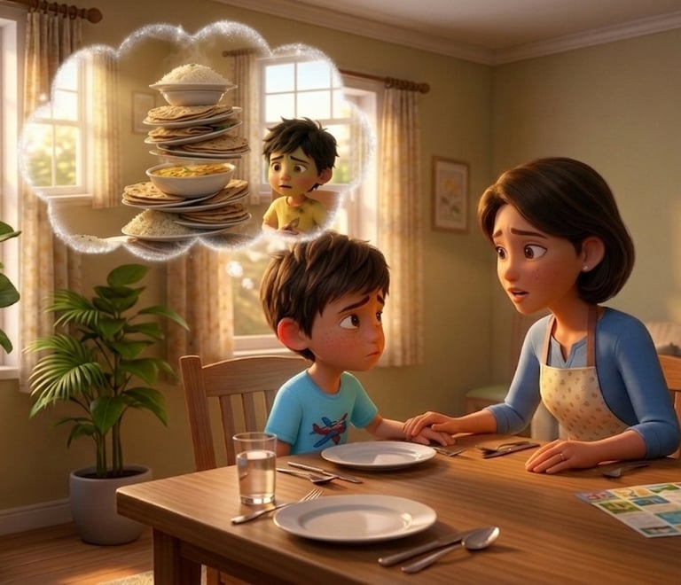 Animated boy at a dinner table dreaming of a tall stack of traditional Indian food and flatbread.