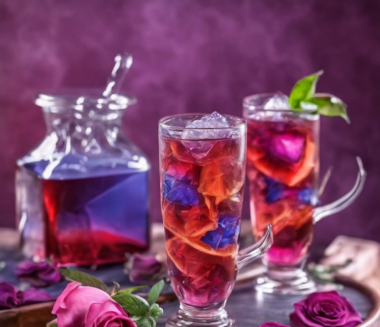 a glass of EMINENT Ice Tea with a pitcher of Ice Tea, roses and mint leaves