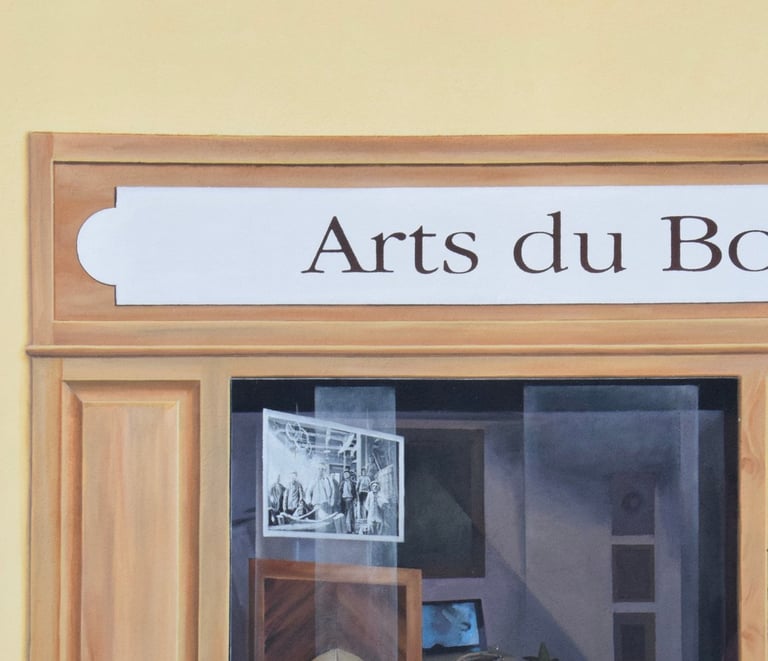 Enseigne peinte en trompe-l'oeil sur façade, fausse devanture, Moirans-en-Montagne (39).