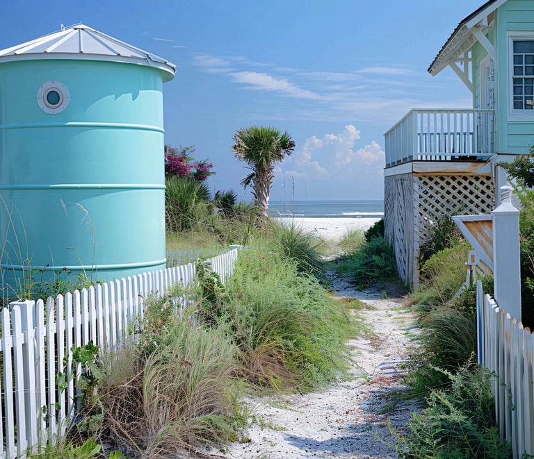 Sandy beach path lined with white picket fences leading to the ocean between colorful coastal cottages.