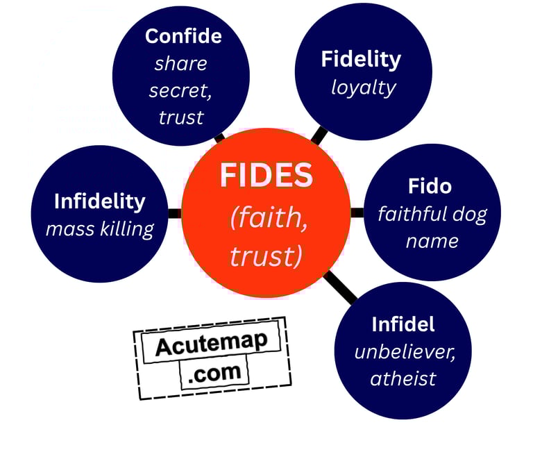 FIDES root word examples with Hindi-English meanings and trust-related vocabulary