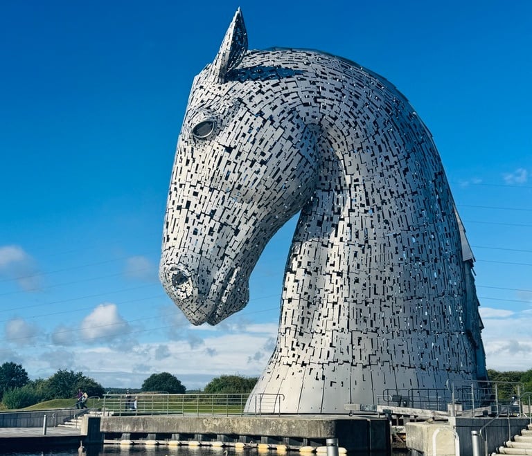 The Kelpies Horse statues. Duke looking down