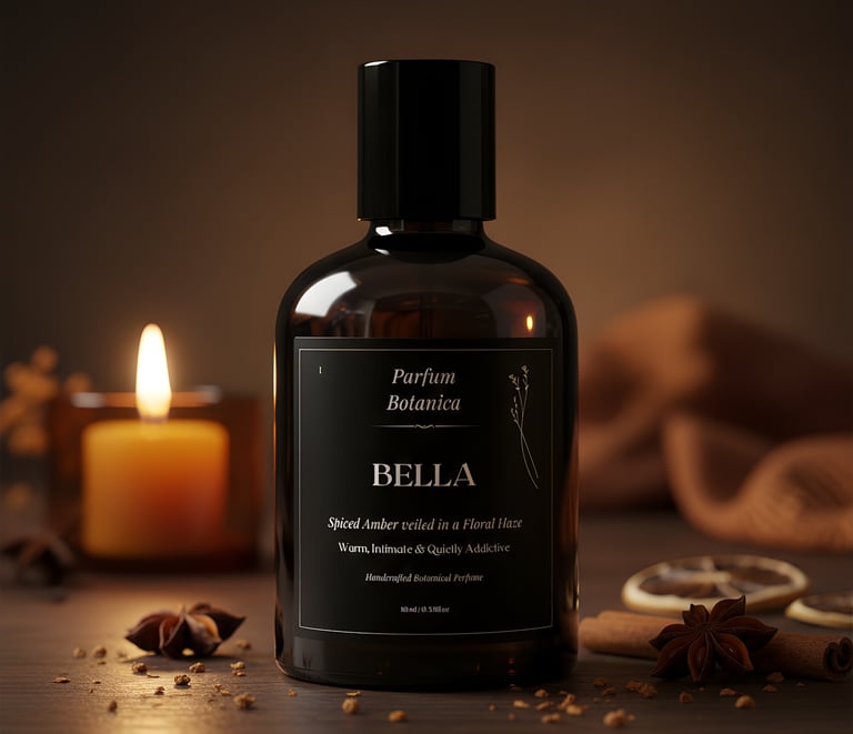 a bottle of perfume with a candle 