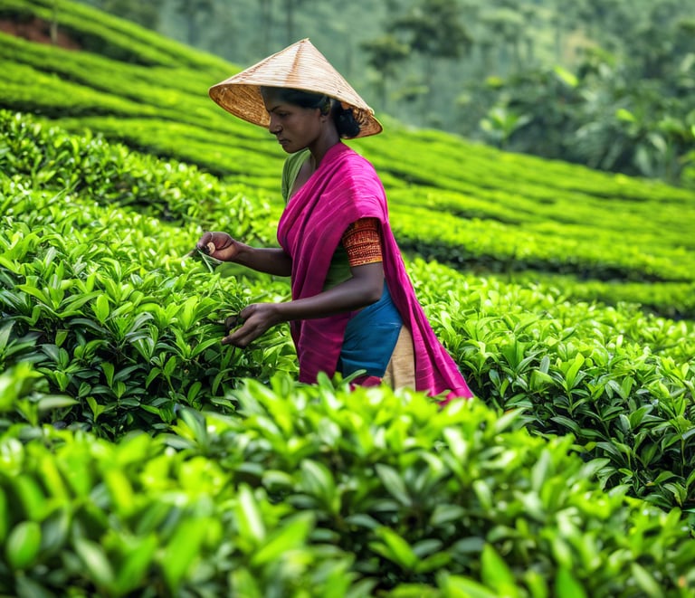 a woman in a straw hat and she is picking tea leaves