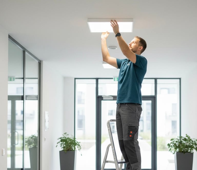 a man standing on a ladder ladder to reach the ceiling