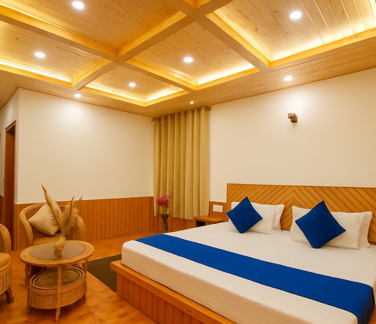 Cozy deluxe room at Olive Grand View mountain-view boutique hotel Manali