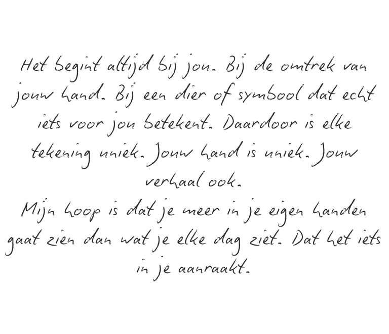 Mijn verhaal, over mij, bio, handgetekend creatie handgetekende illustraties handomtrek gepersonaliseerd
