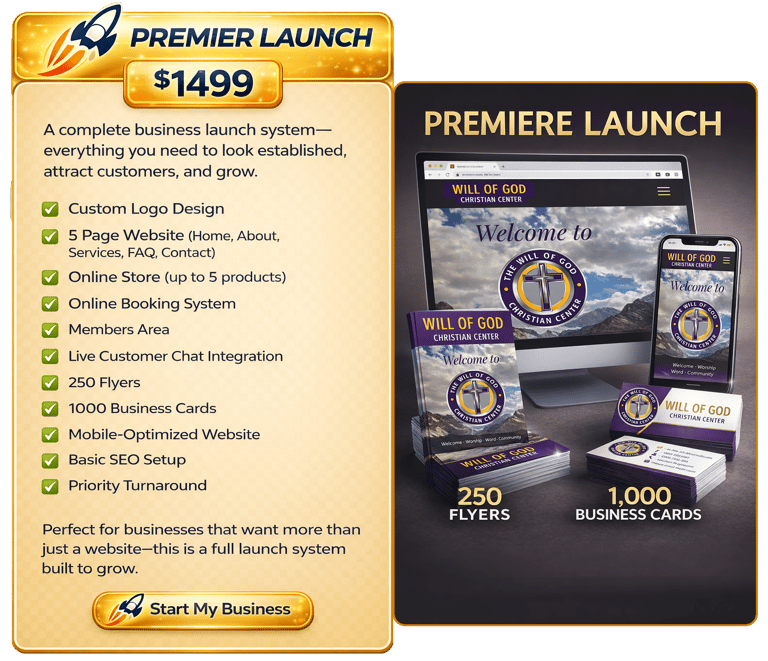 Premier Launch business package featuring custom logo, website design, business cards, and flyers for branding.