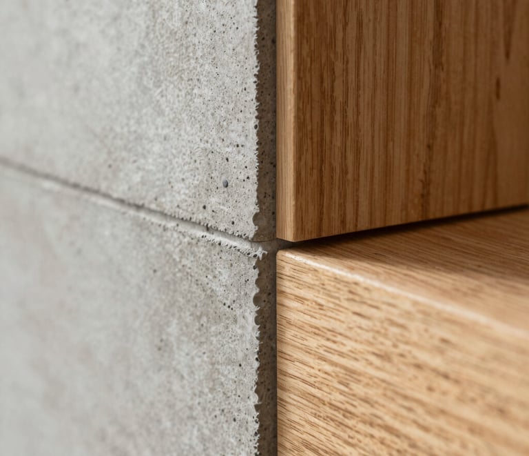 Extreme close-up macro shot of a perfect concrete pour transition meeting a warm oak wood panel, sharp architectural alignment, soft natural side lighting.
