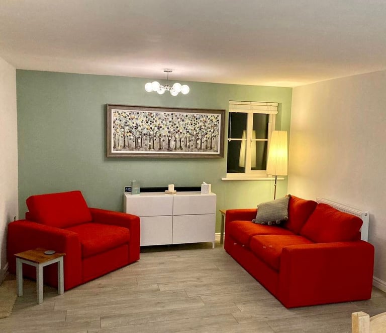 A minimalistic sitting room, with white walls/ceiling, a pale-green feature wall, and red chairs.