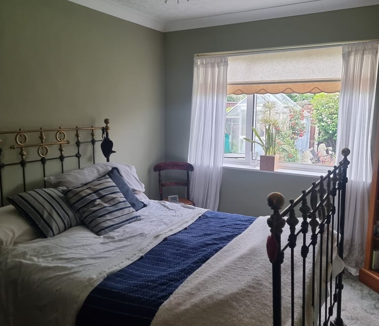 A furnished bedroom, with dark grey/green walls and white ceiling/coving.