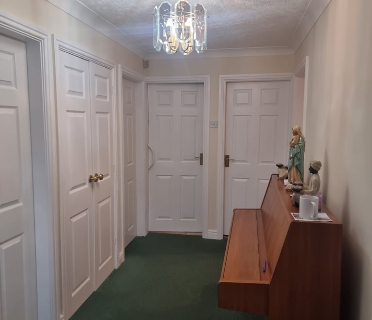 A freshly painted white hallway, with four white doors, green carpet, and a wooden organ.