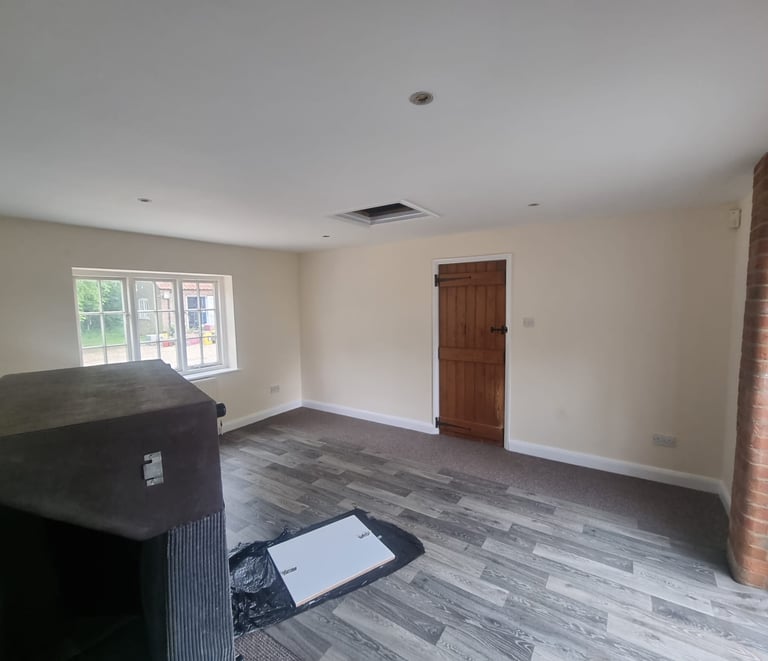 A large unfurnished room, with walls and ceiling painted white, and a rustic brown wooden door.