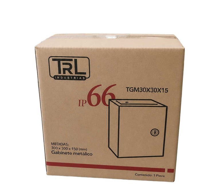 Gabinete metálico TRL empacado en caja de cartón para proteger el producto durante su almacenamiento