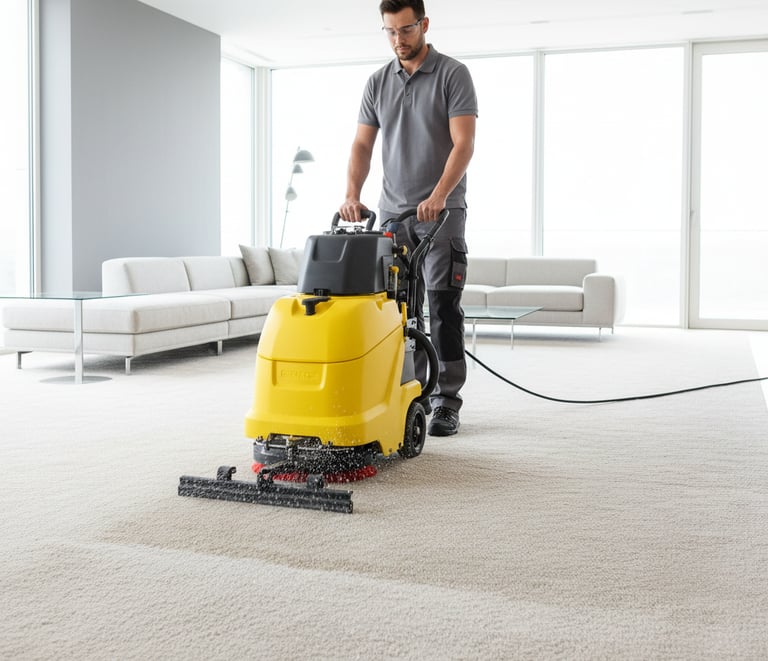 a man cleaning a carpet with a vacuum