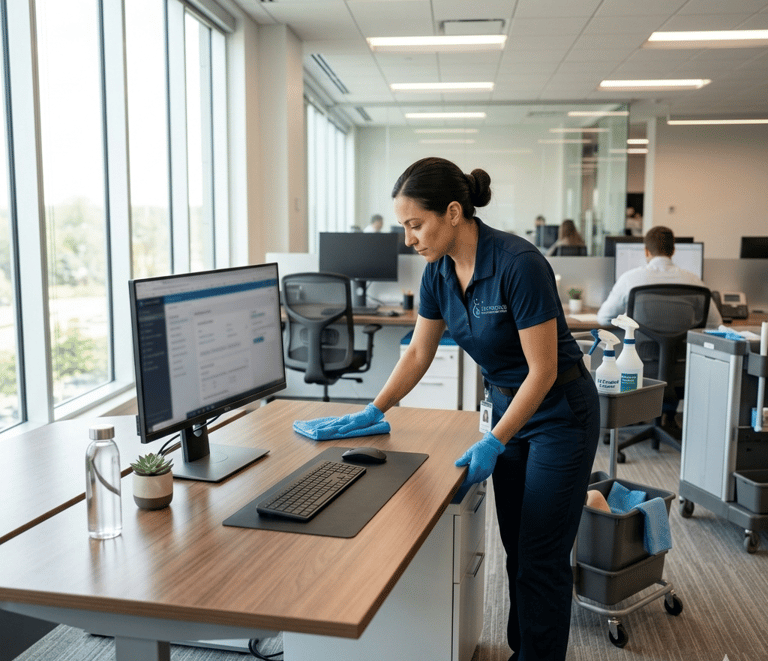 Professional office cleaner sanitizing a modern workstation desk with a microfiber cloth and cleaning supplies.