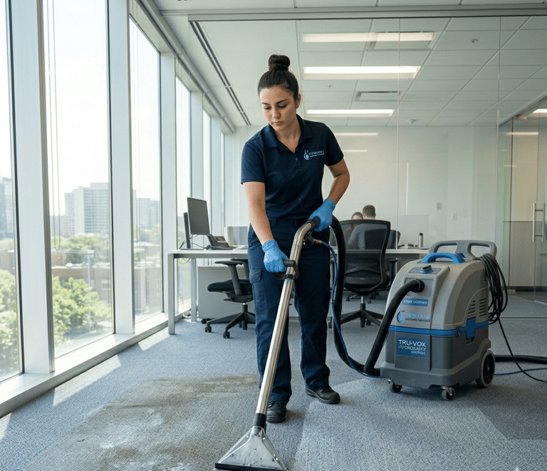 Professional office carpet cleaning services using an industrial steam extractor in a modern workspace.
