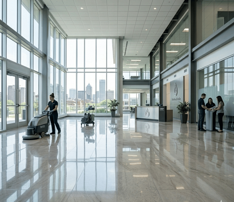 Professional janitor using an industrial floor scrubber in a modern commercial office lobby.