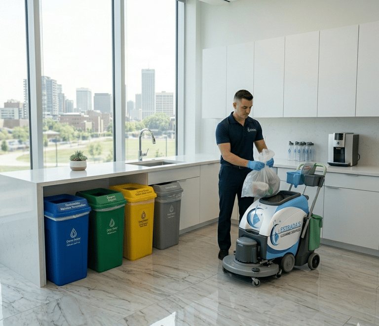 Professional janitor using an industrial floor scrubber and emptying trash in a modern office kitchen.