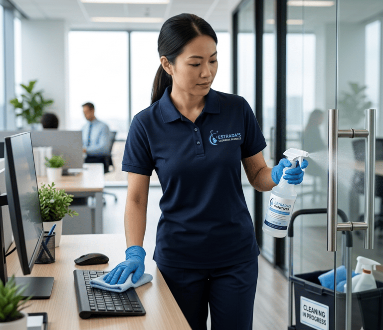 Professional office cleaner sanitizing a desk and glass door handle in a modern corporate workspace.